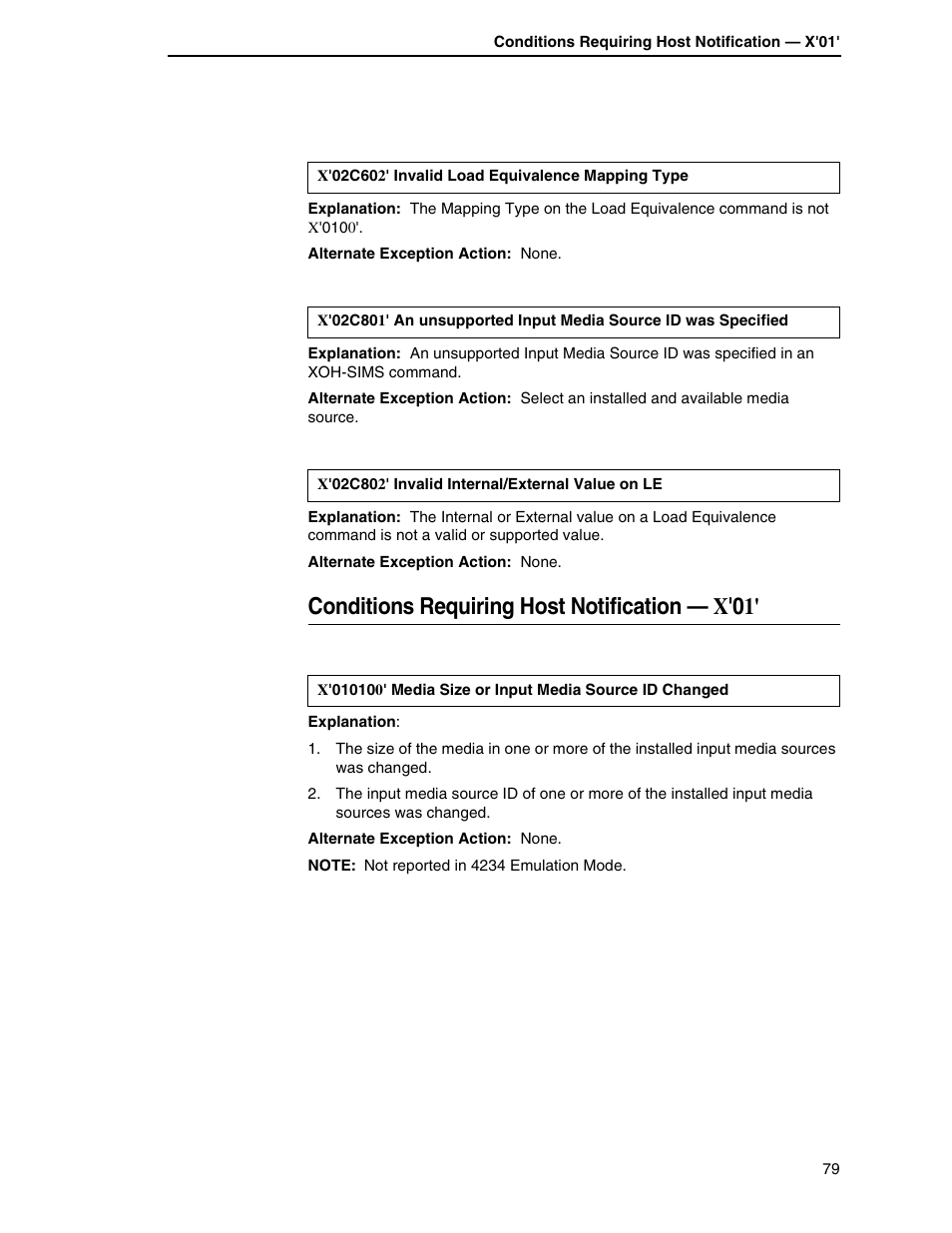 Conditions requiring host notification — x'01 | Printronix T5000R User Manual | Page 81 / 96