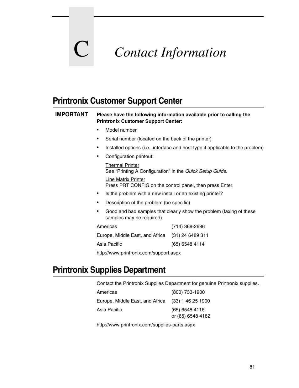 C contact information, Printronix customer support center, Printronix supplies department | Contact information | Printronix T5000R User Manual | Page 83 / 96