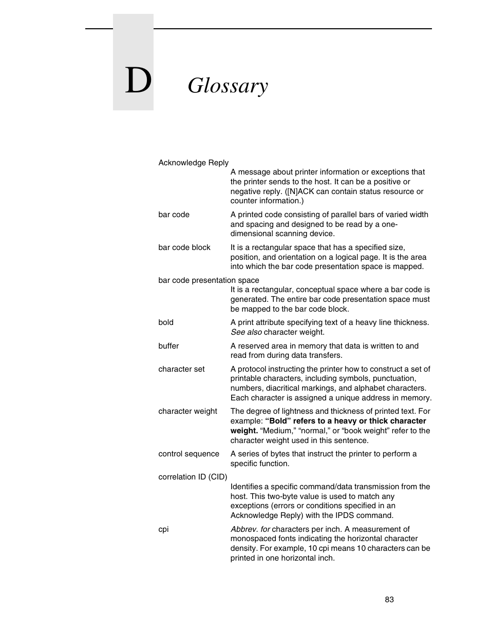 D glossary, Glossary | Printronix T5000R User Manual | Page 85 / 96