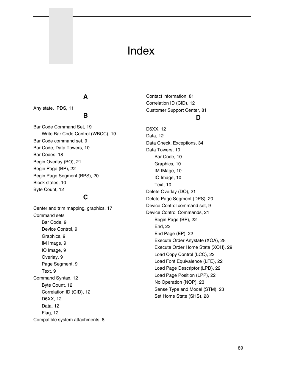 Index | Printronix T5000R User Manual | Page 91 / 96