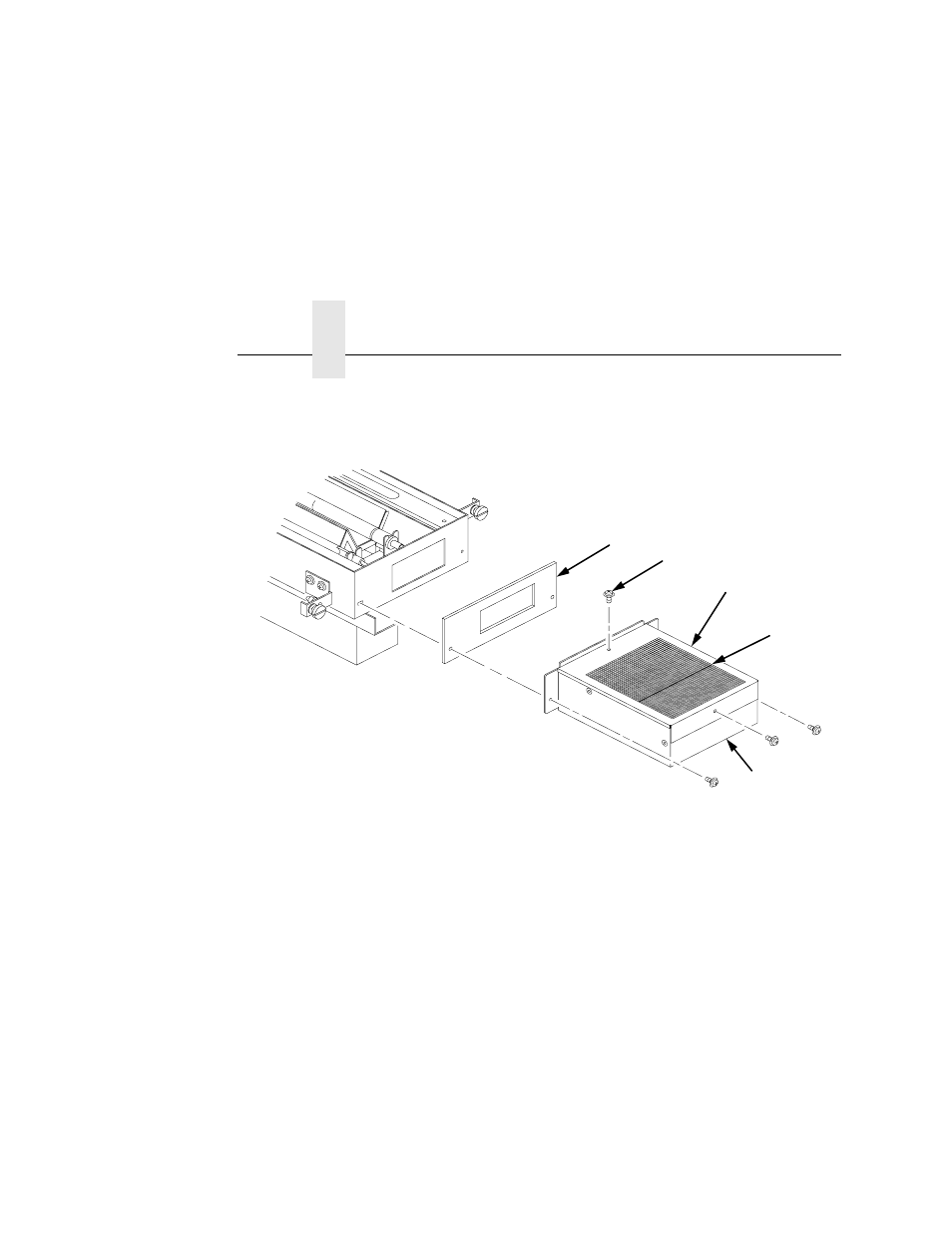 1) foam gasket, 2) screw (4), 3) filter holding plate | 4) lamp filter (air filter), 5) lamp duct filter unit, Vacuum the lamp filter, then reinstall it, Vacuum any paper dust from the printer frame, Chapter 5 | Printronix L5035 User Manual | Page 182 / 278