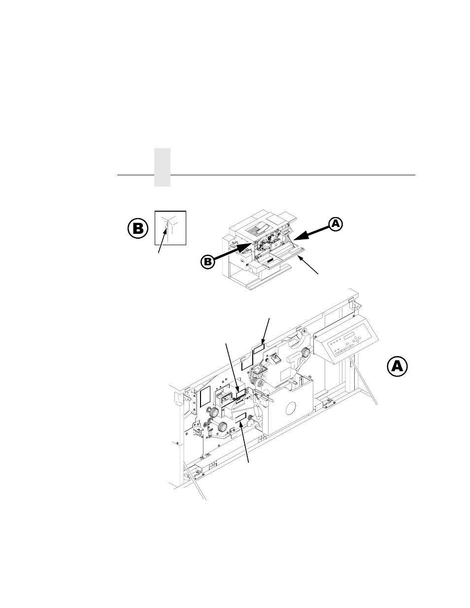 1) front upper cover, 2) caution, 3) caution | 4) warning, 5) open/close button, Figure 2 : front view with front upper cover open | Printronix L5035 User Manual | Page 24 / 278