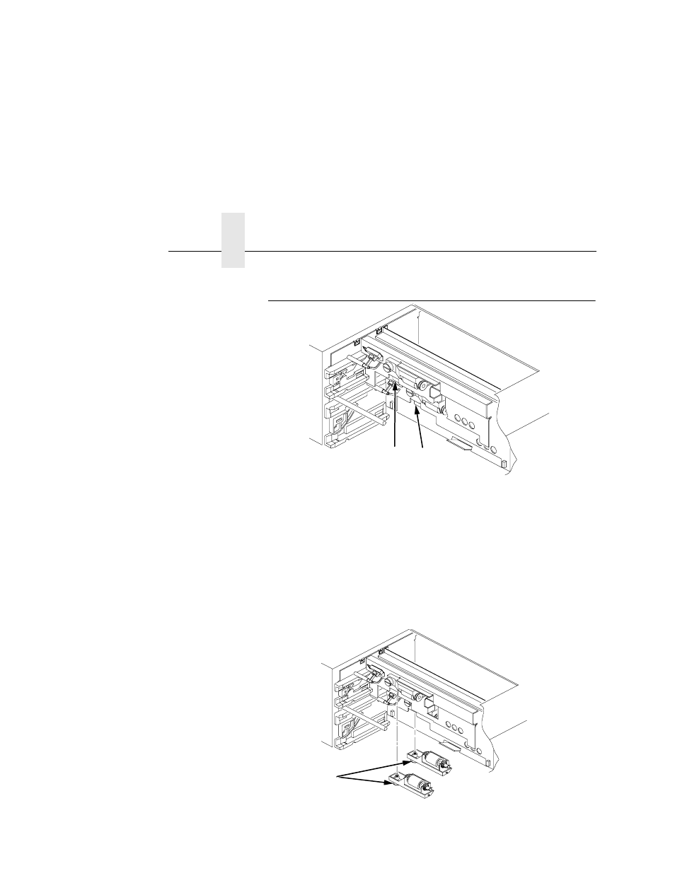 Reverse rollers, 1) upper reverse roller unit, 2) lower reverse roller unit | 1) thumbscrews, Chapter 4 | Printronix L5535 User Manual | Page 118 / 180