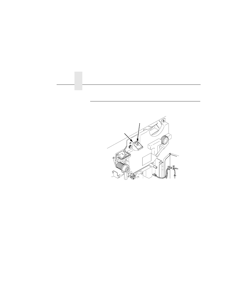 Cleaning the developing area, 1) thumbscrew, 2) main charger | Chapter 4 | Printronix L5535 User Manual | Page 126 / 180