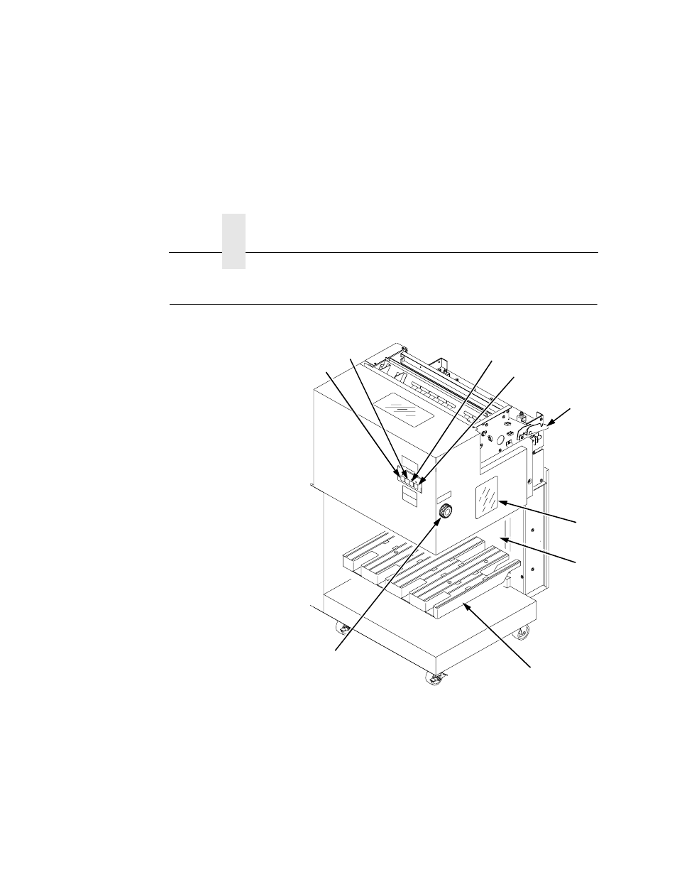 Physical description, 1) auto key, 2) stop key | 3) down key, 4) heavy key, 5) hook, 6) head/tail length measuring gauge (in inches), 7) safety stop bar (not visible in figure), 8) elevator table, 9) top/bottom adjustment knob | Printronix L5535 User Manual | Page 40 / 180