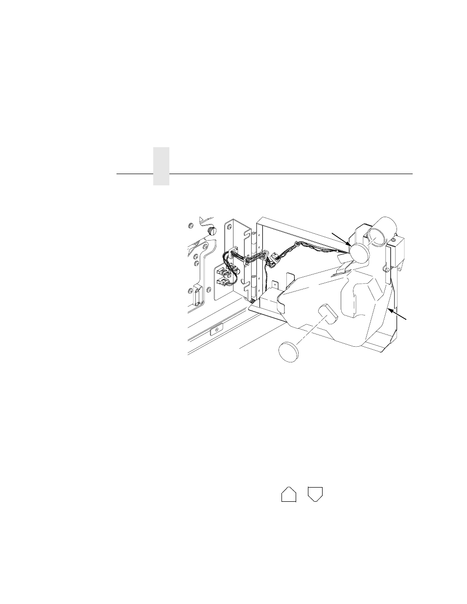 1) waste toner bottle, 2) cap, Install a new waste toner bottle | Close the printer upper doors, Clear error 28, “waste toner full,” as follows, A. press clear, E. exit the configuration menu, F. press online, Chapter 4 | Printronix L5020 User Manual | Page 114 / 248