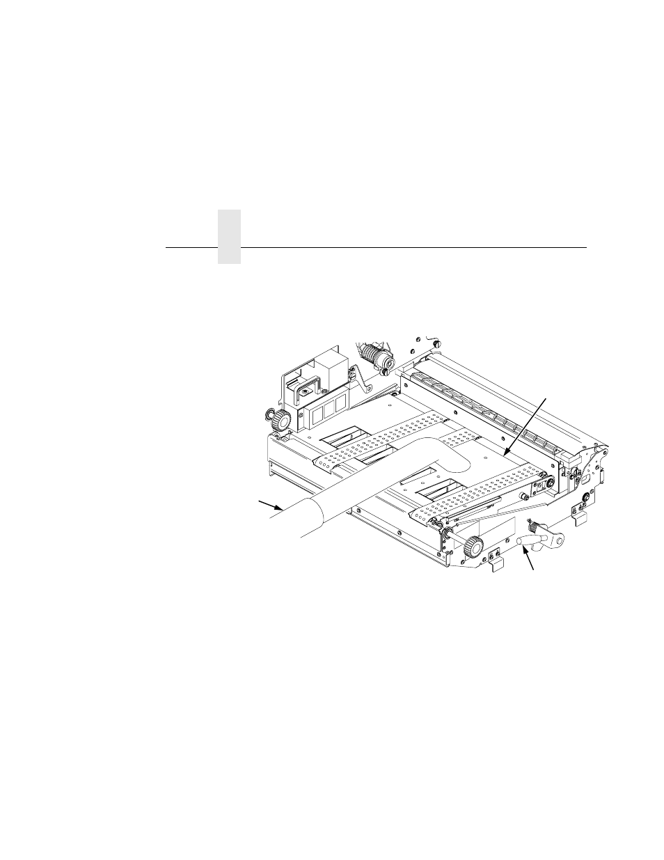 Pull the transport unit toward you until it stops, 1) transport surface, 2) green lever | 3) vacuum, Chapter 5 | Printronix L5020 User Manual | Page 148 / 248