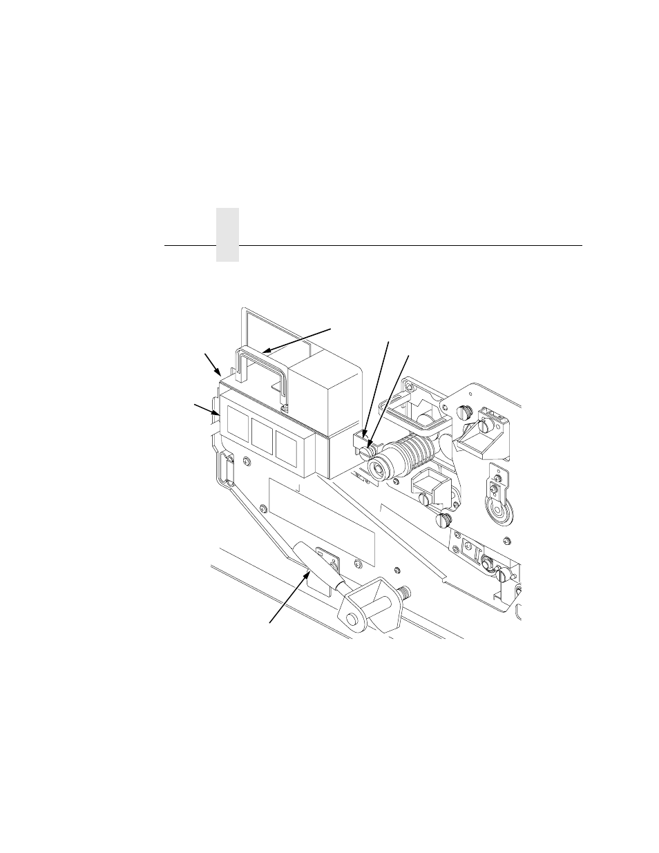 1) holding plate, 2) thumbscrew, 3) green lever | 4) fuser unit, 5) thumbscrew (not visible), 6) handle, Chapter 5 | Printronix L5020 User Manual | Page 158 / 248