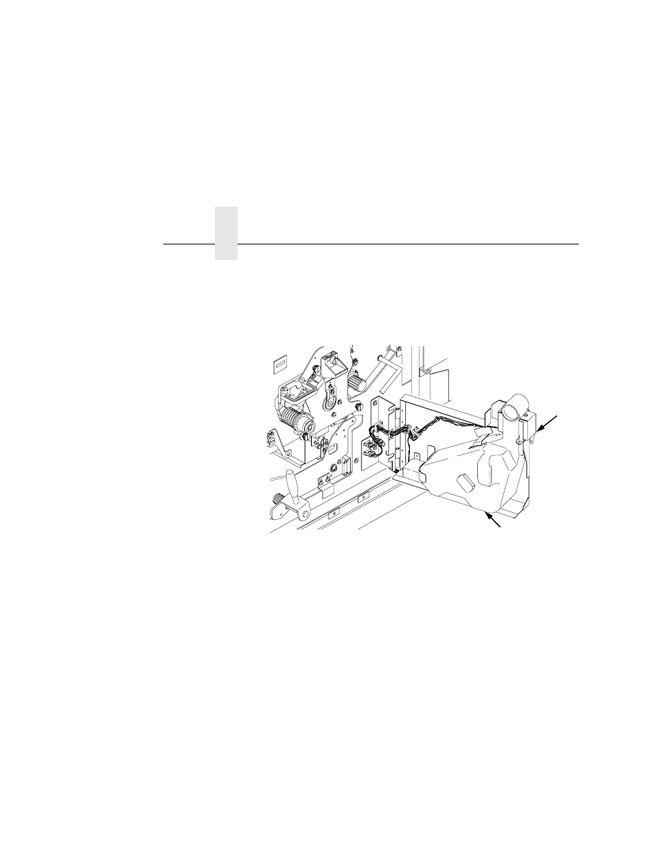 Paper jam near the paper output section, Open the waste toner recovery unit, 1) opening lever | 2) waste toner recovery unit, Chapter 6 | Printronix L5020 User Manual | Page 170 / 248
