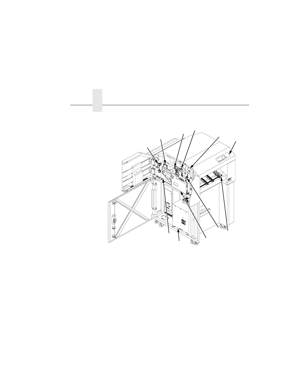 1) main charger, 2) toner cartridge, 3) control panel | 4) paper feed tractor, 5) developing unit, 6) waste toner recovery unit, 7) flash power supply, 8) transport unit, 9) scuff roller, 10) fuser unit | Printronix L5020 User Manual | Page 22 / 248