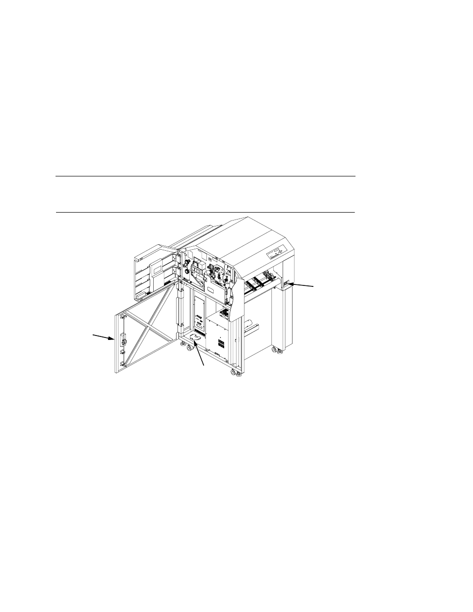 Powering on the printer, 1) power switch, 2) strain relief | 3) door latch, Figure 5 : power switch, Caution, Close the cabinet door and flip down the latch | Printronix L5020 User Manual | Page 31 / 248