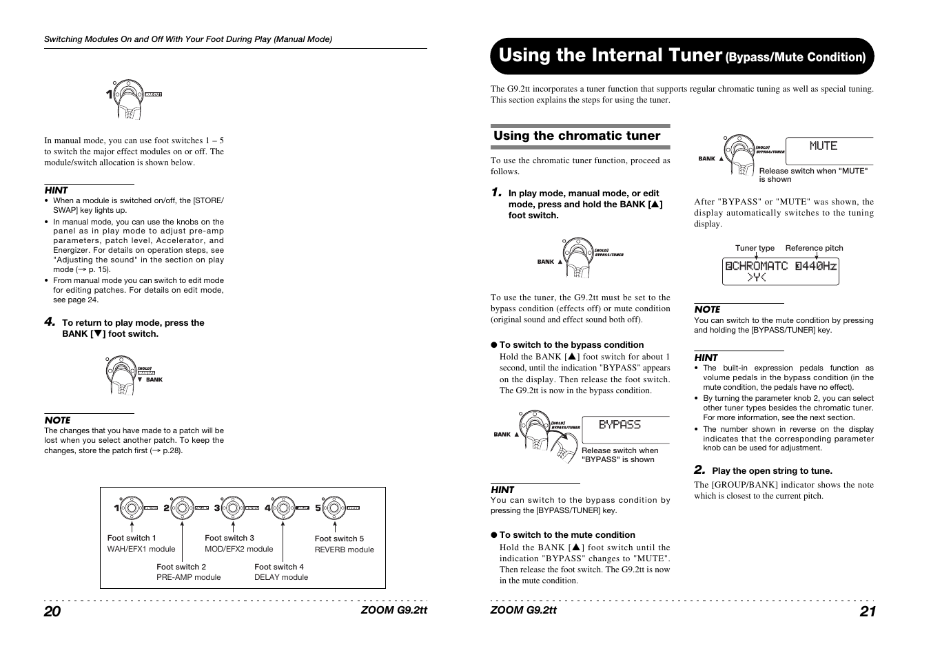 Using the internal tuner, Bypass, Mute | Princeton Digital (USA) Guitar Effects Console G9.2tt2q User Manual | Page 11 / 51
