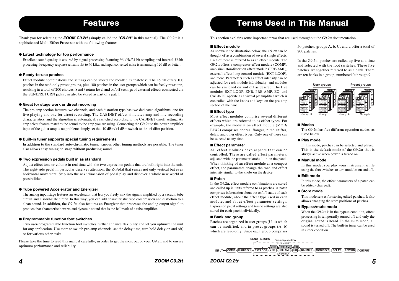 Features, Terms used in this manual | Princeton Digital (USA) Guitar Effects Console G9.2tt2q User Manual | Page 3 / 51