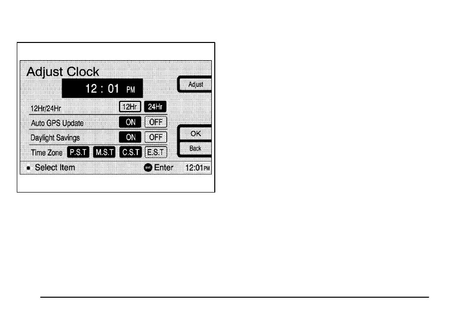 Adjust clock | Pontiac Vibe Navigation System Supplement User Manual | Page 13 / 50