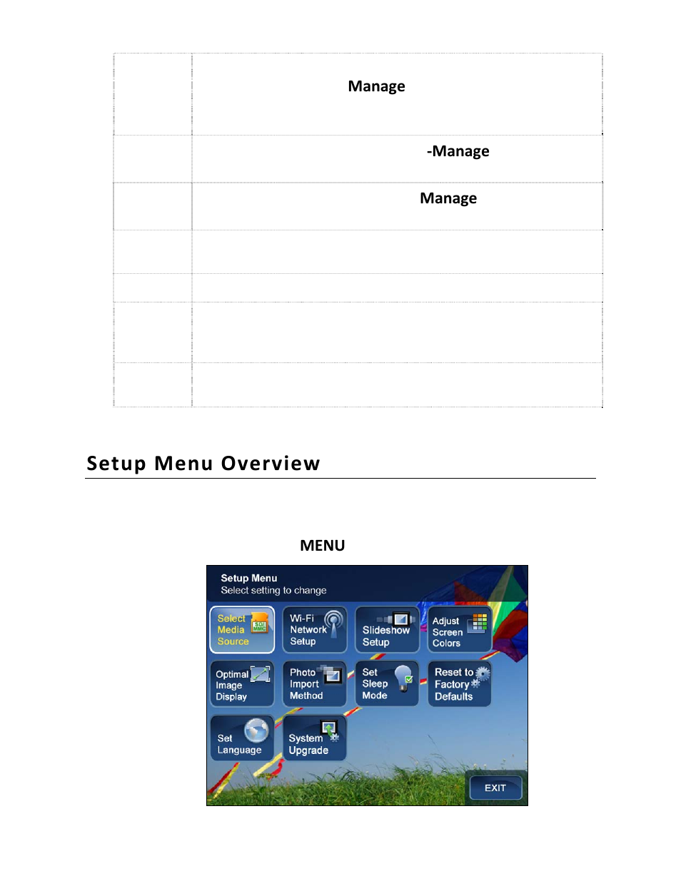 Setup menu overview | Pandigital PI1002DW User Manual | Page 10 / 52