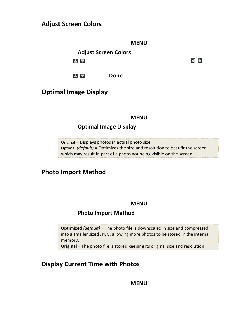 Adjust screen colors, Optimal image display, Photo import method | Display current time with photos | Pandigital PI1002DW User Manual | Page 14 / 52