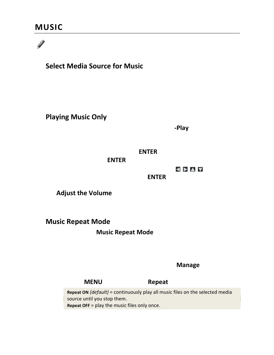 Music, Select media source for music, Playing music only | Music repeat mode, Adjust the volume | Pandigital PI1002DW User Manual | Page 21 / 52