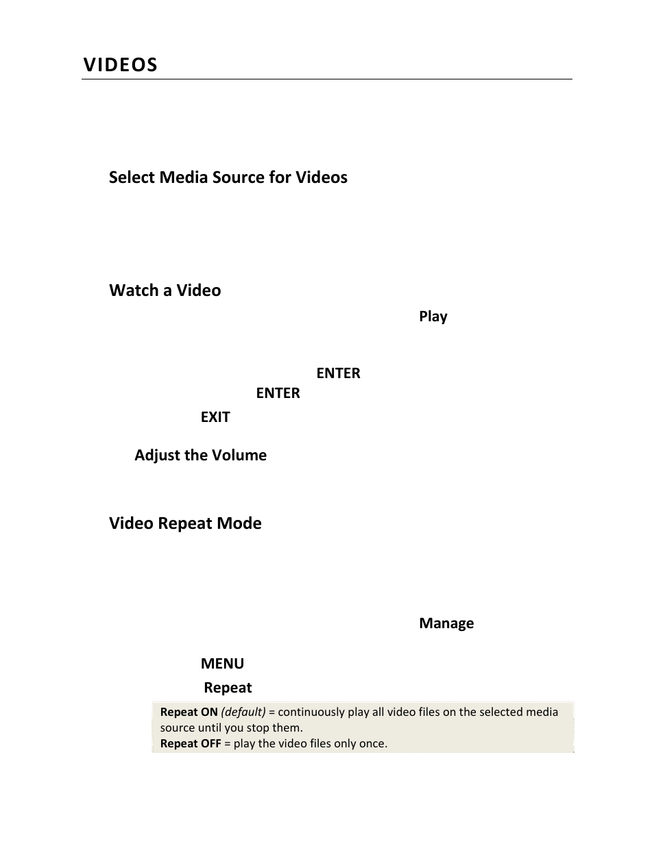 Videos, Select media source for videos, Watch a video | Video repeat mode, Adjust the volume | Pandigital PI1002DW User Manual | Page 23 / 52