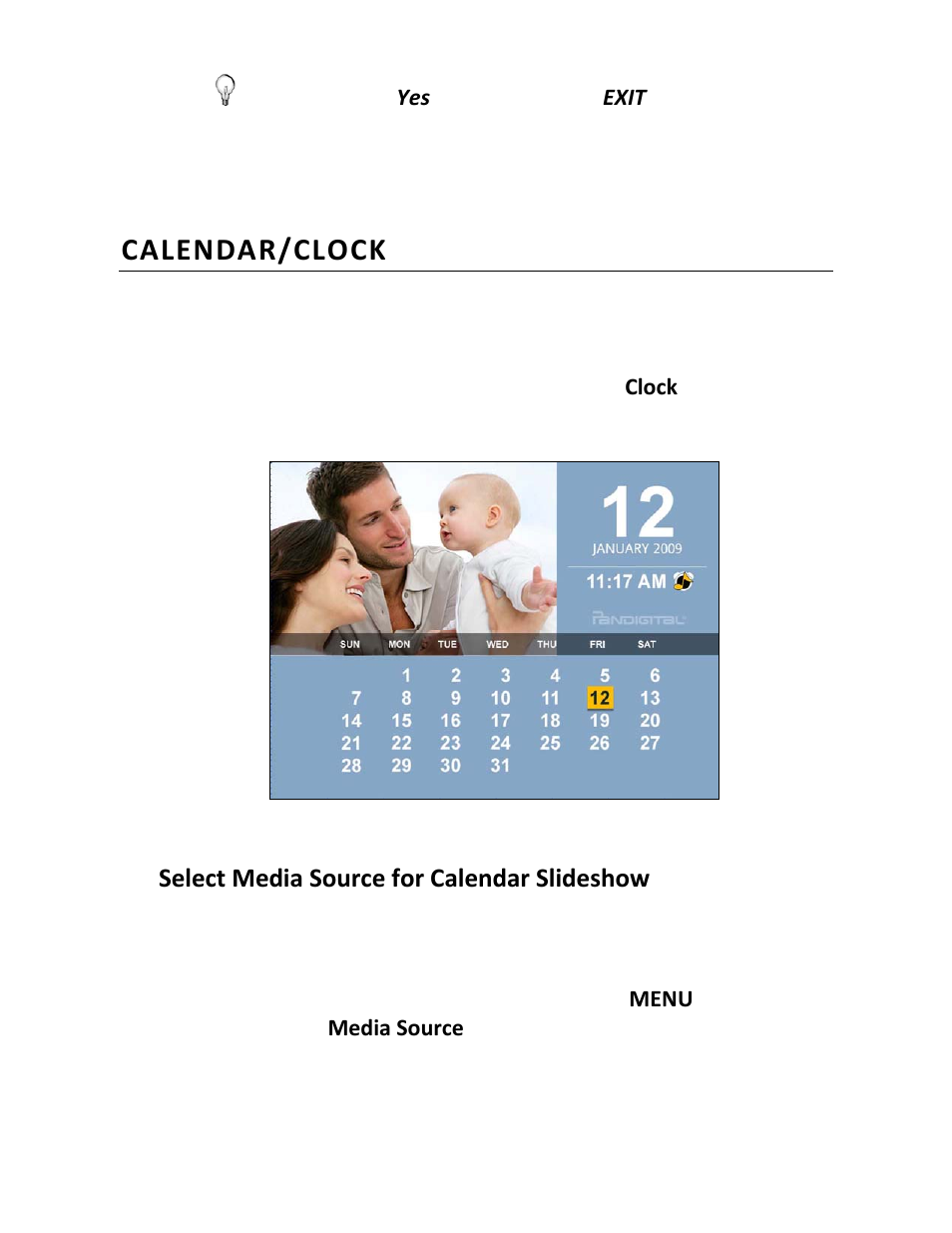 Calendar/clock, Select media source for calendar slideshow | Pandigital PI1002DW User Manual | Page 25 / 52