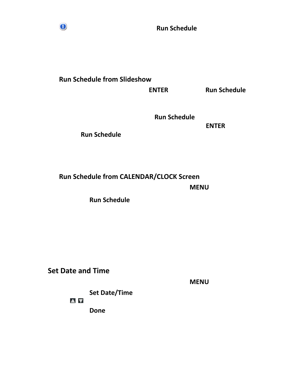 Set date and time, Run schedule from slideshow, Run schedule from calendar/clock screen | Pandigital PI1002DW User Manual | Page 27 / 52