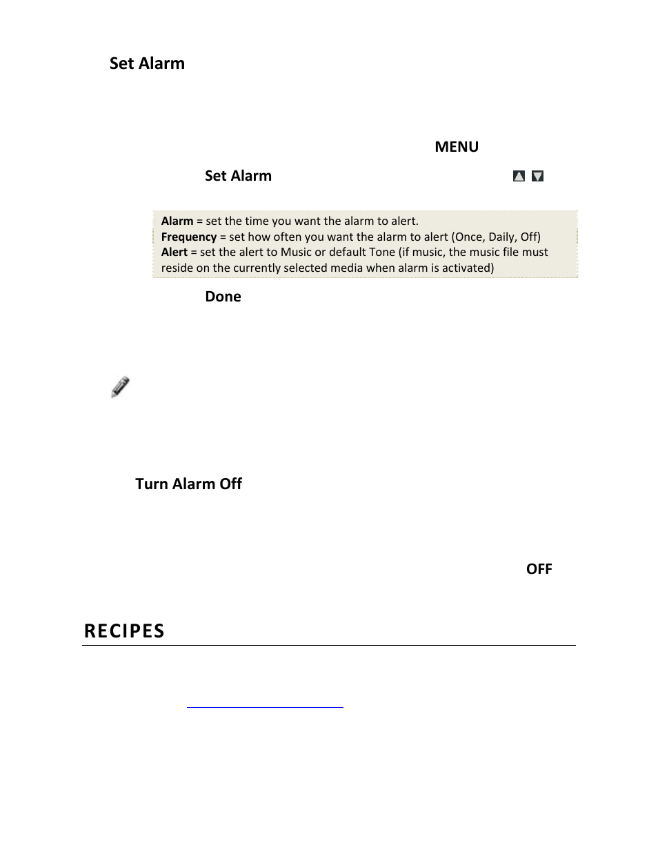 Recipes, Set alarm, Turn alarm off | Pandigital PI1002DW User Manual | Page 28 / 52
