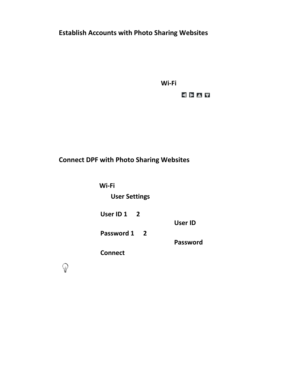 Establish accounts with photo sharing websites, Connect dpf with photo sharing websites | Pandigital PI1002DW User Manual | Page 39 / 52