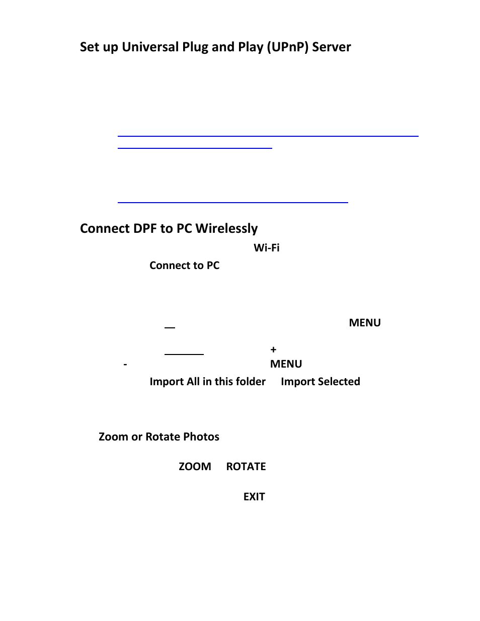 Set up universal plug and play (upnp) server, Connect dpf to pc wirelessly | Pandigital PI1002DW User Manual | Page 41 / 52