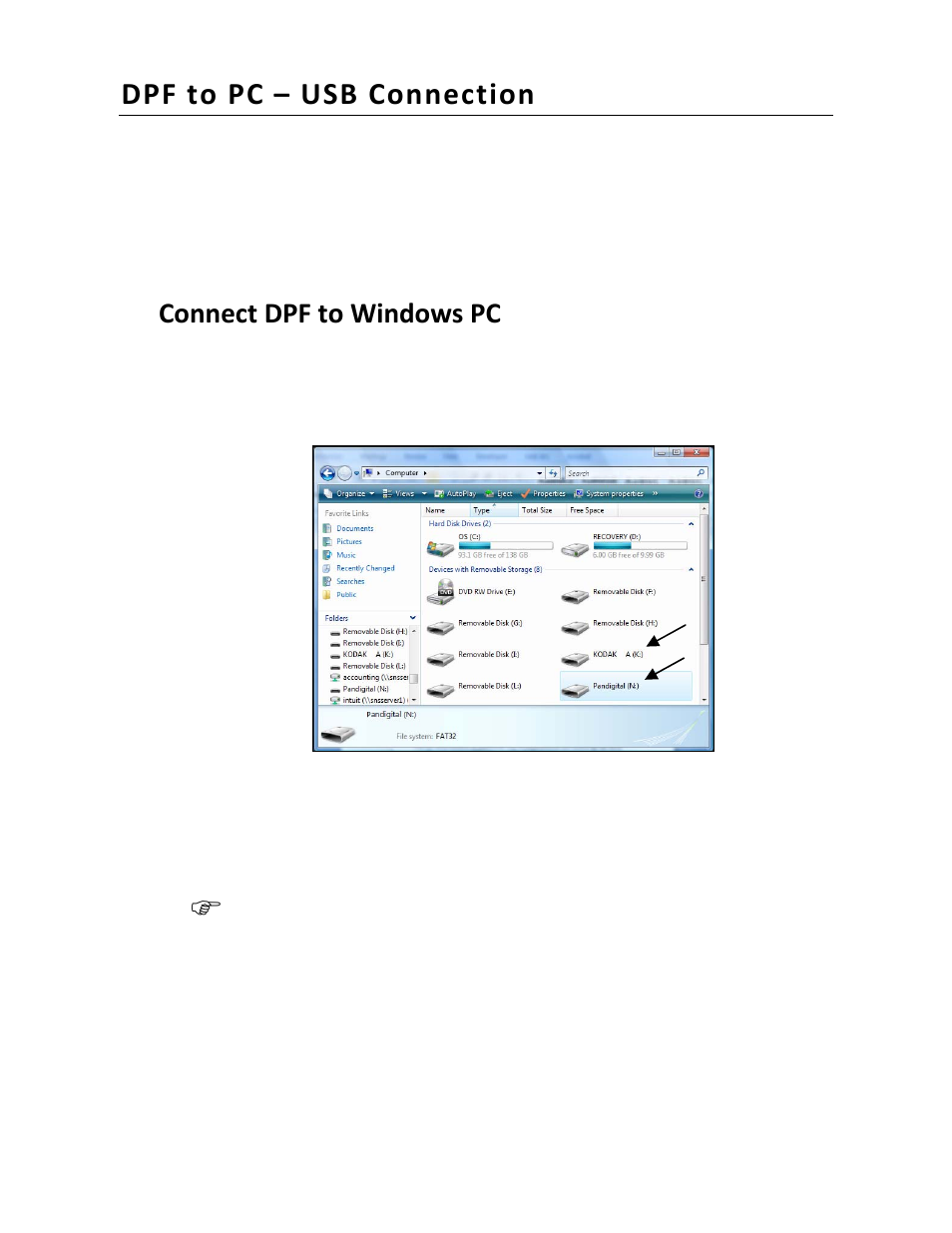 Dpf to pc – usb connection, Connect dpf to windows pc | Pandigital PI1002DW User Manual | Page 42 / 52