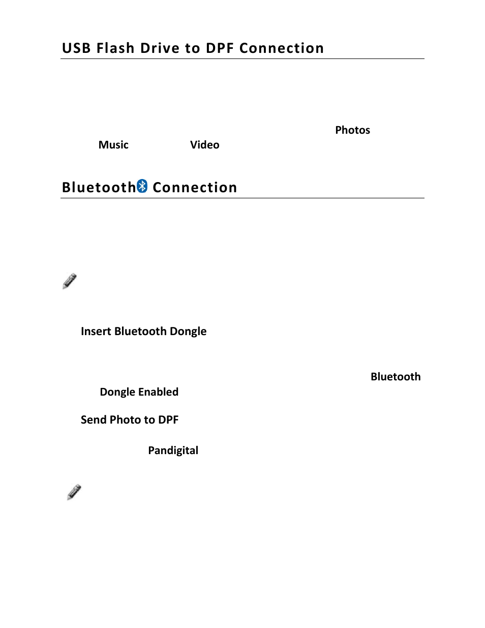 Usb flash drive to dpf connection, Bluetooth, Connection | Pandigital PI1002DW User Manual | Page 45 / 52