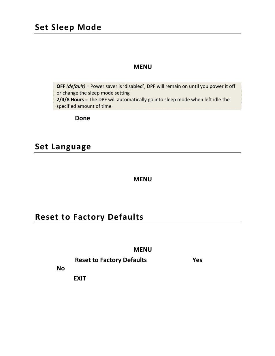 Set sleep mode, Set language, Reset to factory defaults | Pandigital PI1002DW User Manual | Page 46 / 52