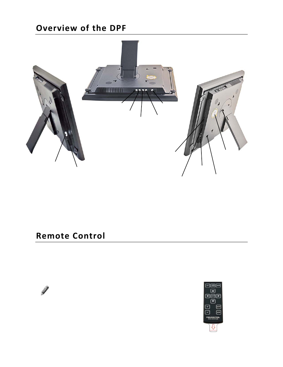 Overview of the dpf, Remote control | Pandigital PI1002DW User Manual | Page 6 / 52