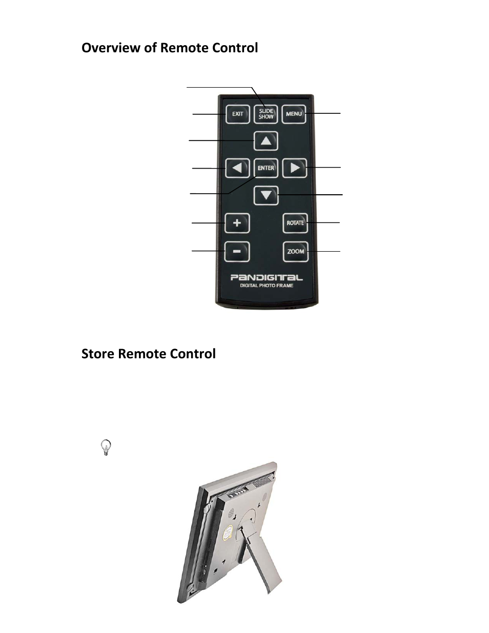 Overview of remote control, Store remote control | Pandigital PI1002DW User Manual | Page 7 / 52