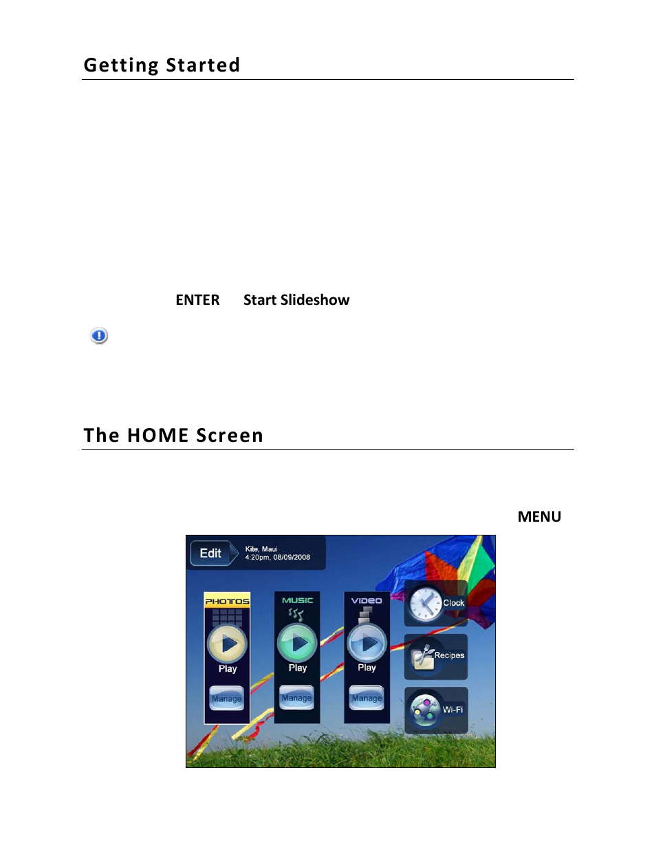 Getting started, The home screen | Pandigital PI1002DW User Manual | Page 9 / 52