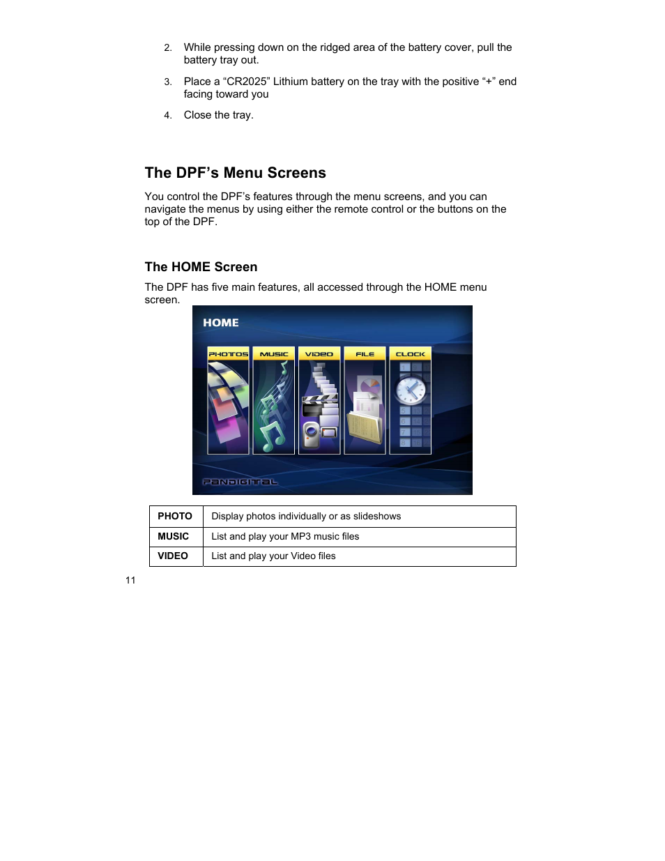 The dpf’s menu screens, The home screen | Pandigital UGPI7000W01 User Manual | Page 11 / 42