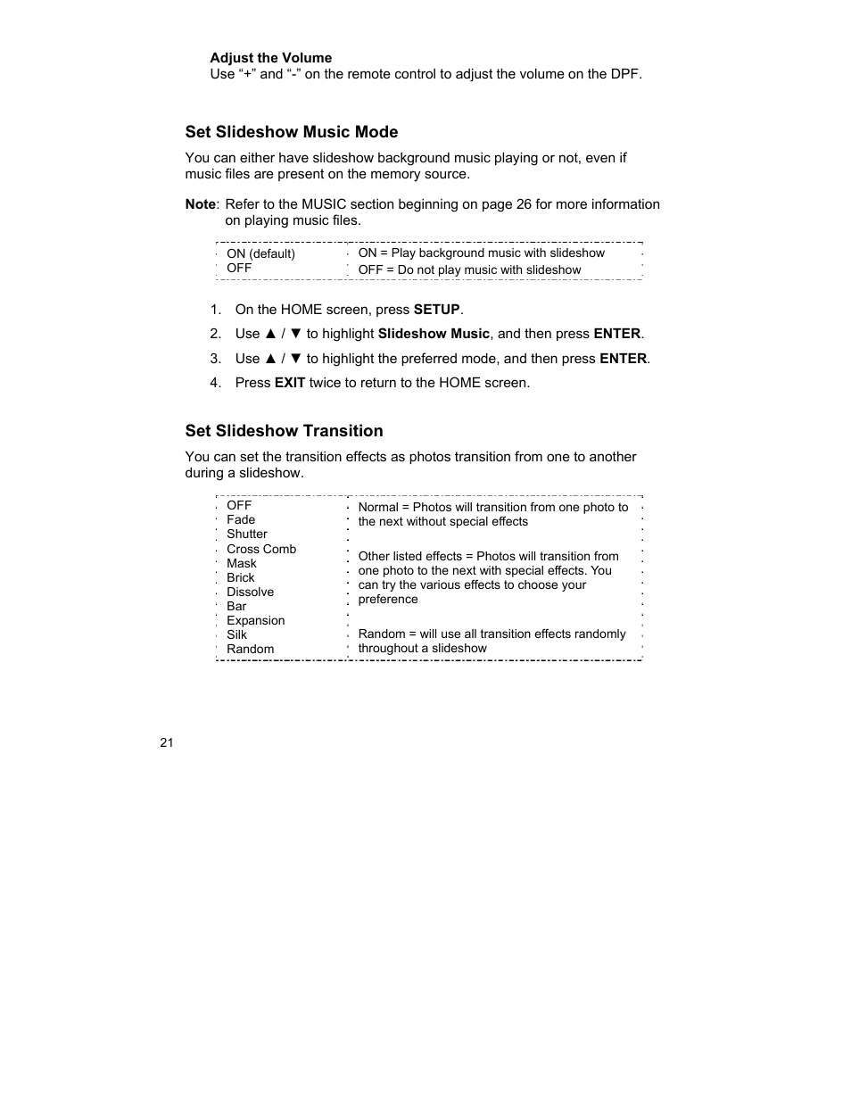 Set slideshow music mode, Set slideshow transition | Pandigital UGPI7000W01 User Manual | Page 21 / 42