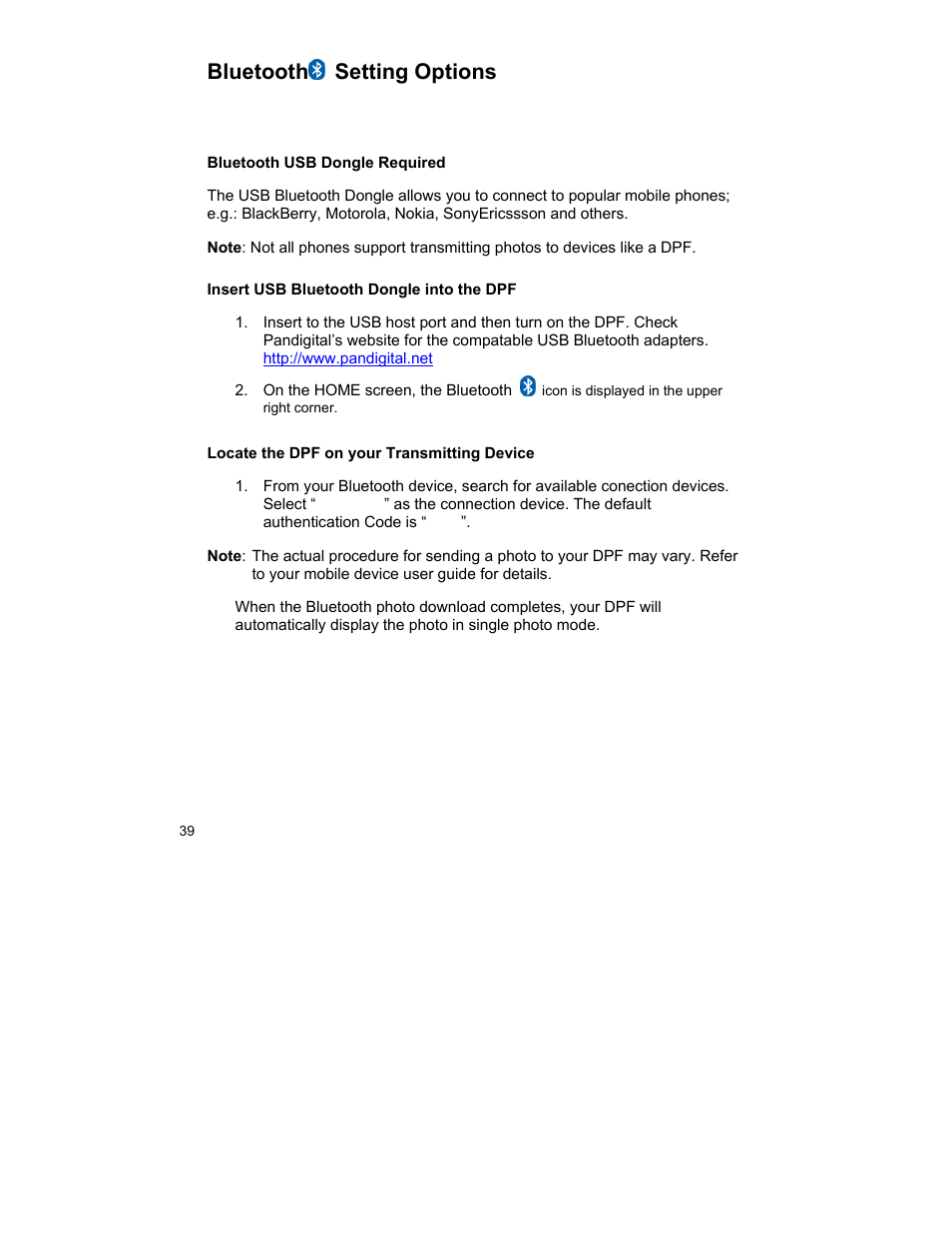 Bluetooth setting options | Pandigital UGPI7000W01 User Manual | Page 39 / 42