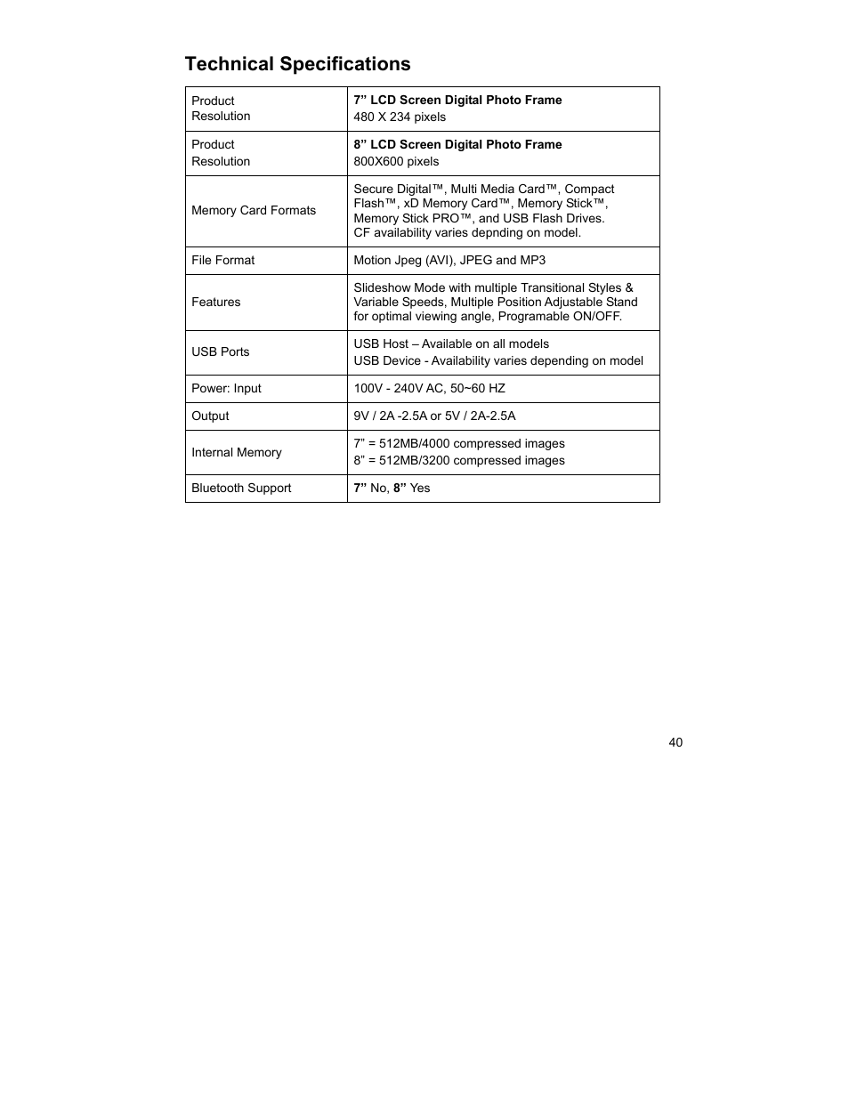 Technical specifications | Pandigital UGPI7000W01 User Manual | Page 40 / 42