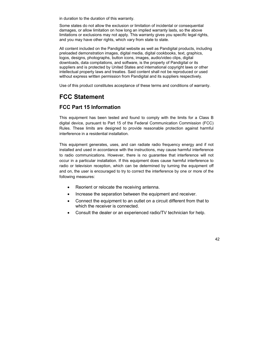 Fcc statement | Pandigital UGPI7000W01 User Manual | Page 42 / 42