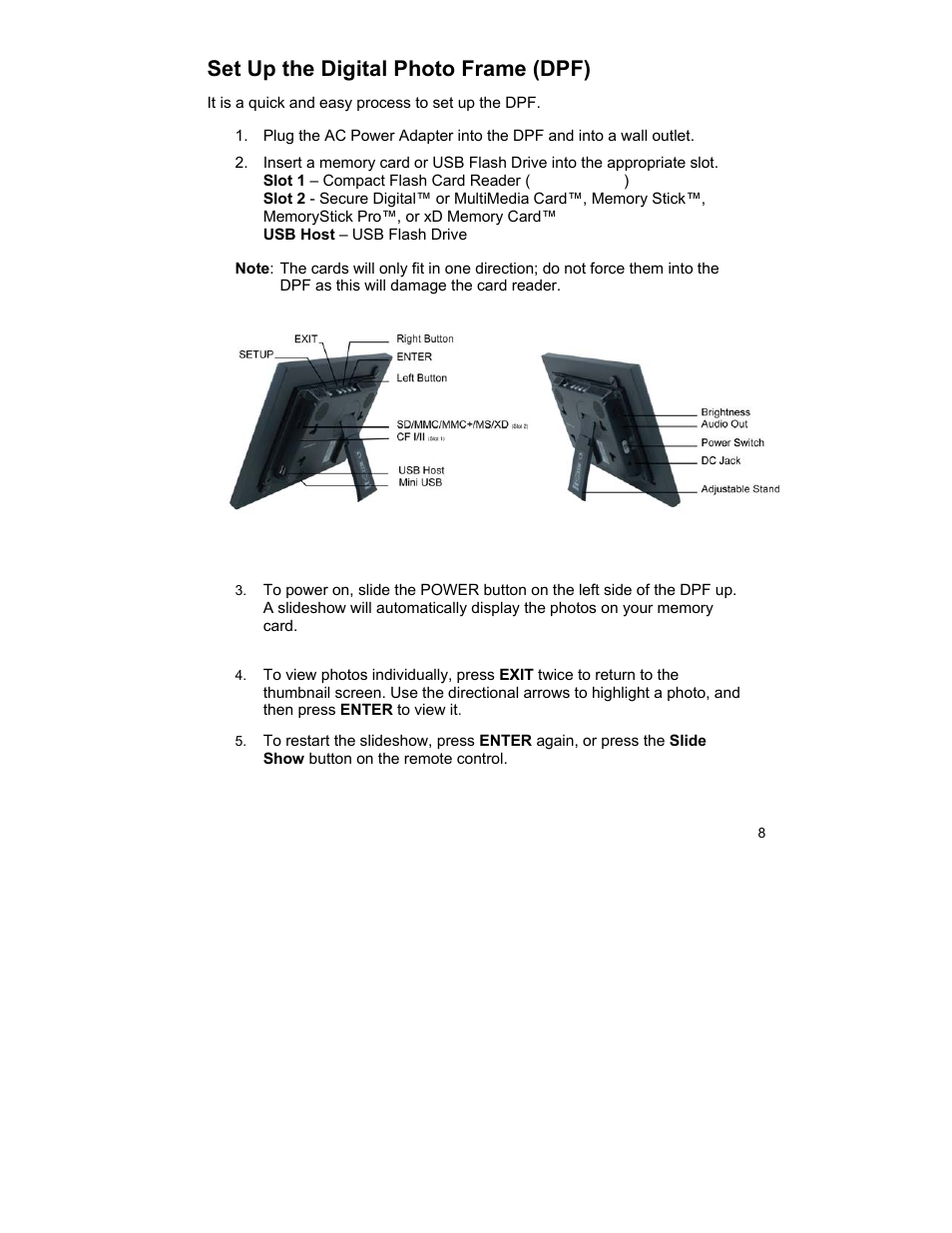 Set up the digital photo frame (dpf) | Pandigital UGPI7000W01 User Manual | Page 8 / 42