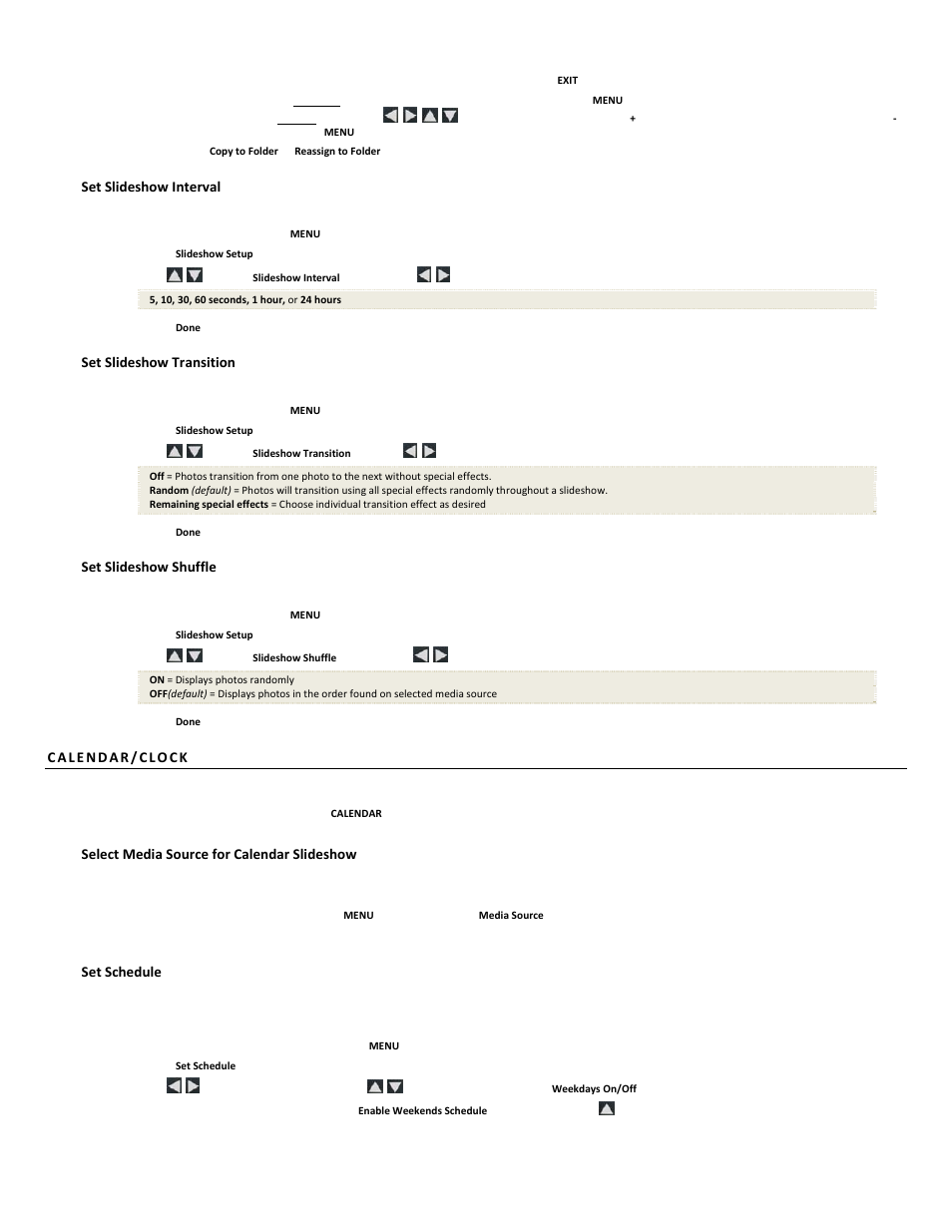 Set slideshow interval, Set slideshow transition, Set slideshow shuffle | Select media source for calendar slideshow, Set schedule | Pandigital PI7002AW User Manual | Page 10 / 41