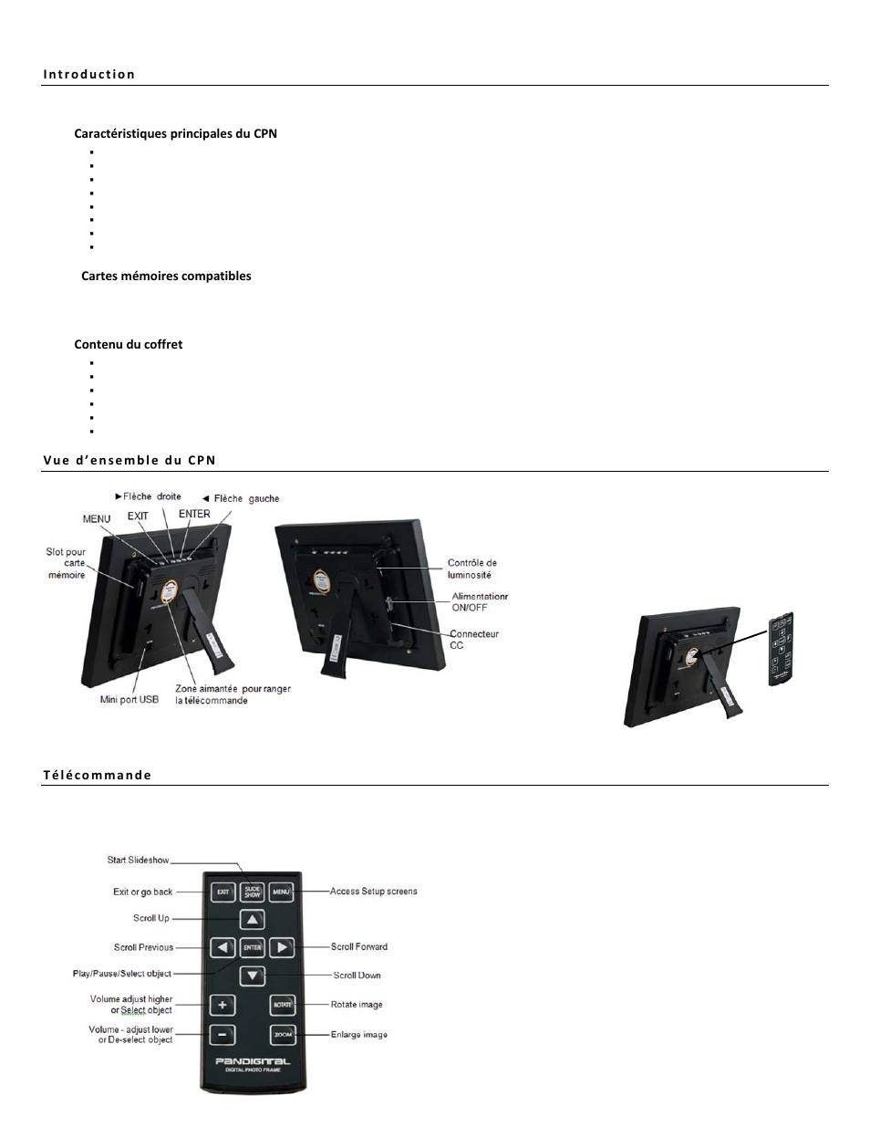 Caractéristiques principales du cpn, Cartes mémoires compatibles, Contenu du coffret | Pandigital PI7002AW User Manual | Page 17 / 41