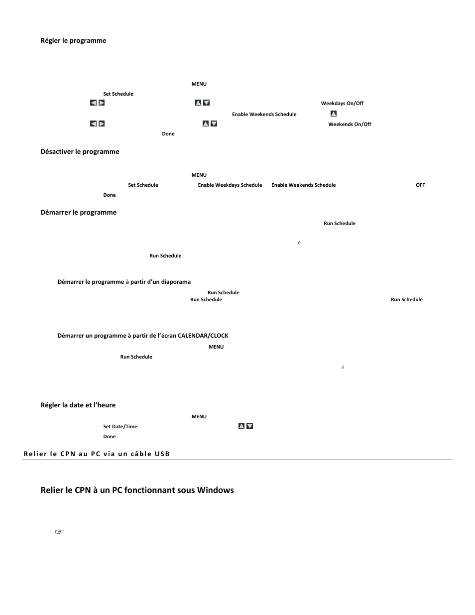 Relier le cpn à un pc fonctionnant sous windows, Régler le programme, Désactiver le programme | Démarrer le programme, Régler la date et l’heure | Pandigital PI7002AW User Manual | Page 24 / 41