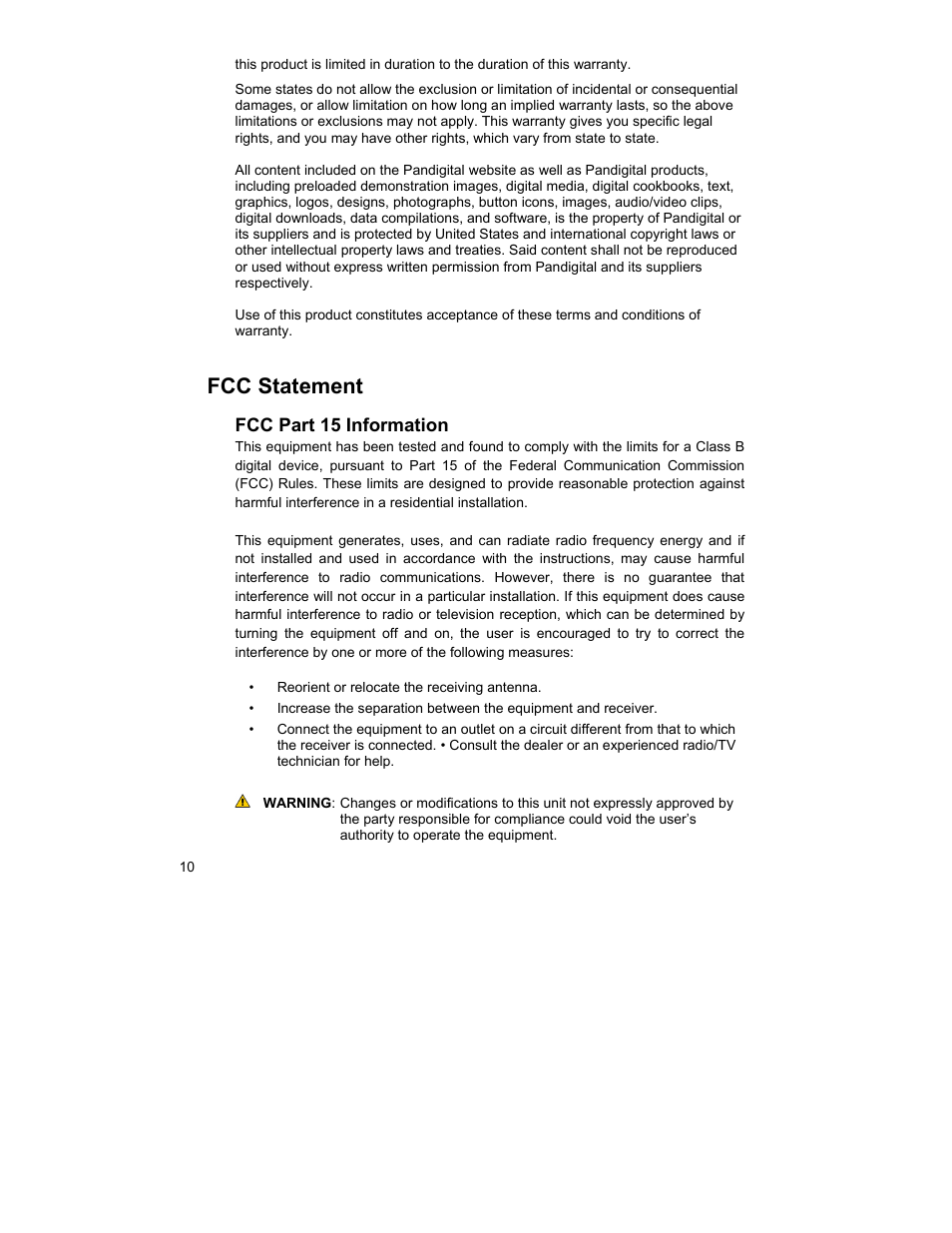 Fcc statement | Pandigital PAN1802A User Manual | Page 10 / 10