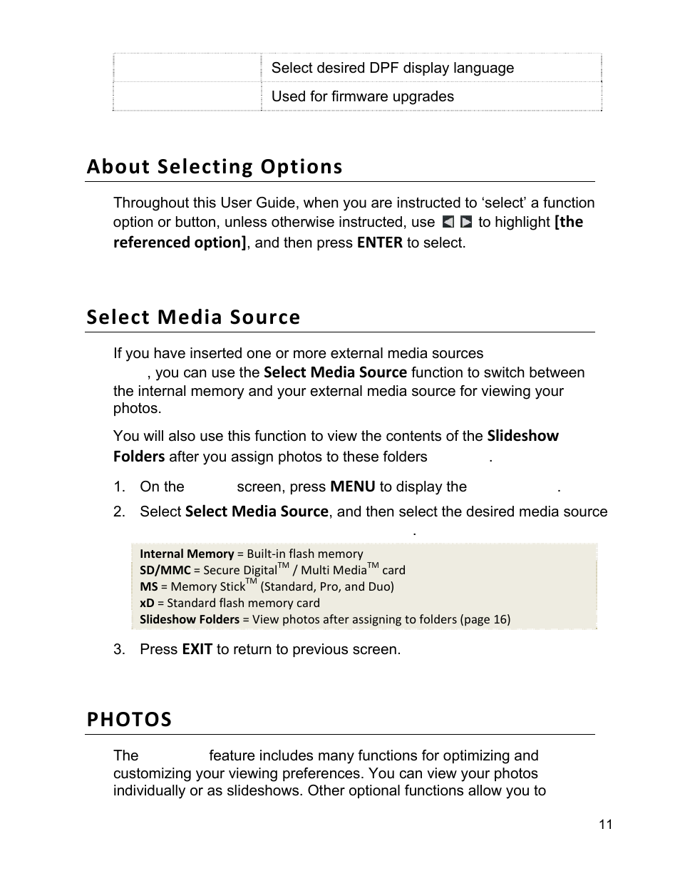 About selecting options, Select media source, Photos | Pandigital PI9001DW User Manual | Page 11 / 30