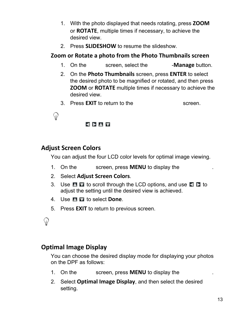 Adjust screen colors, Optimal image display | Pandigital PI9001DW User Manual | Page 13 / 30