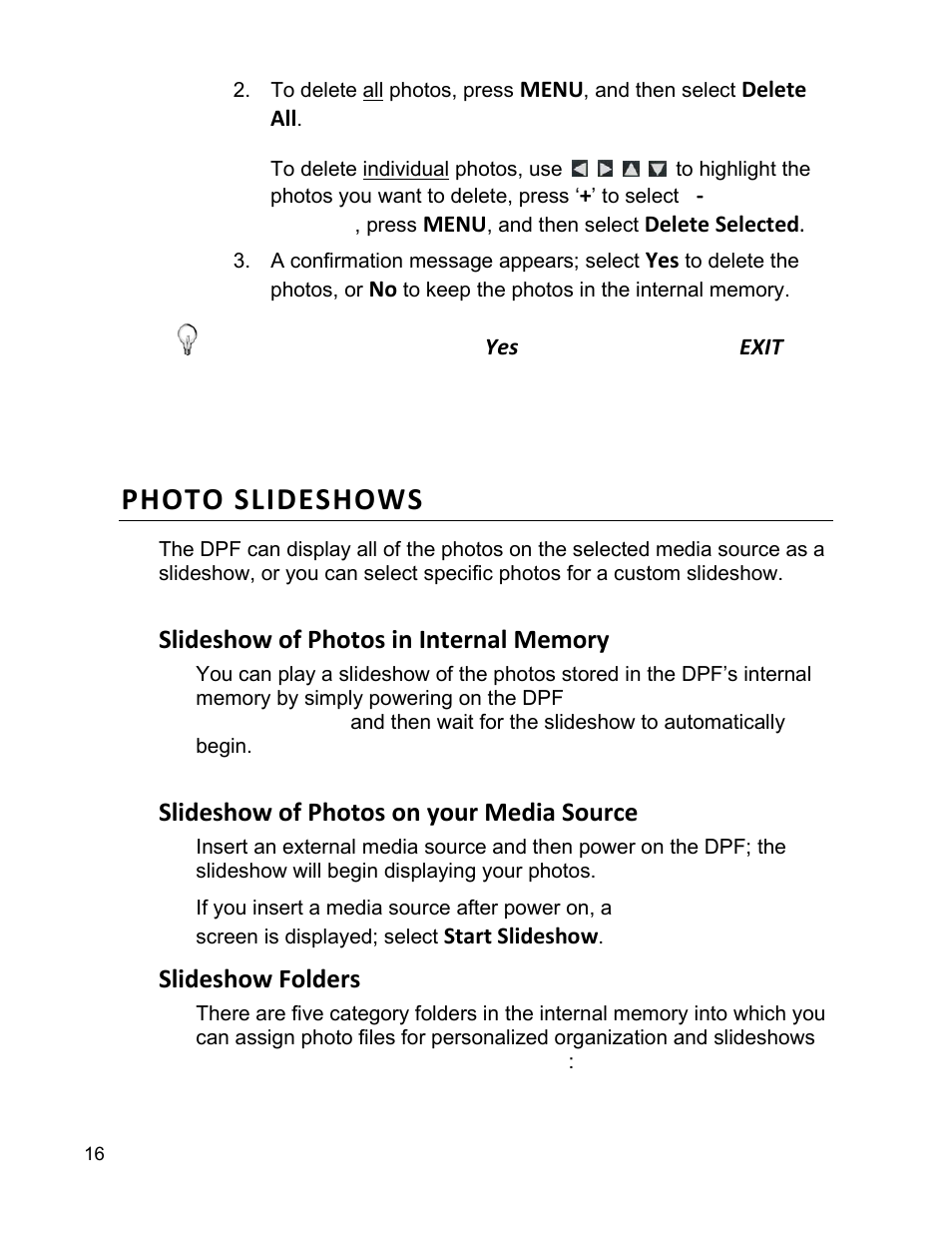 Photo slideshows, Slideshow of photos on your media source, Slideshow folders | Pandigital PI9001DW User Manual | Page 16 / 30