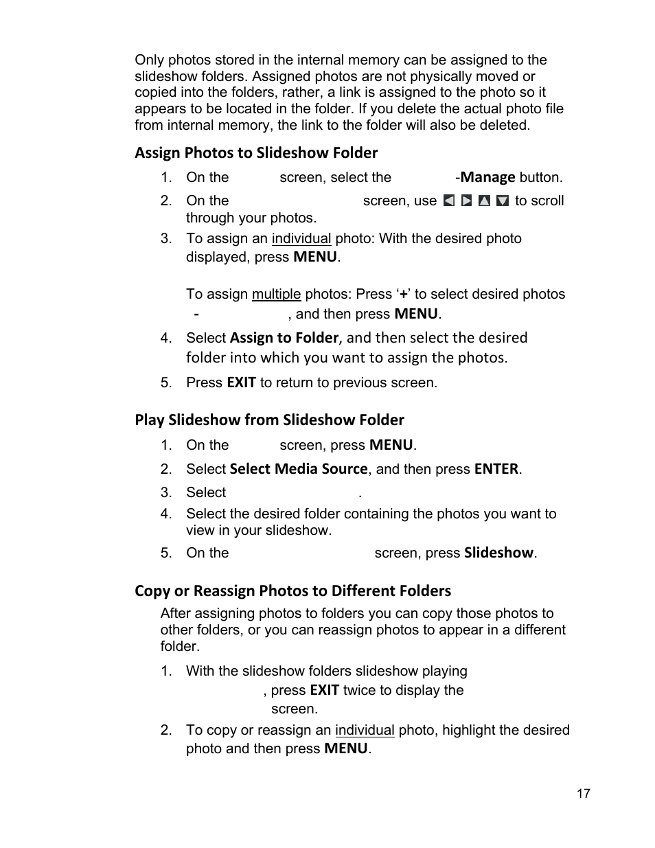 Assign photos to slideshow folder, Play slideshow from slideshow folder, Copy or reassign photos to different folders | Pandigital PI9001DW User Manual | Page 17 / 30