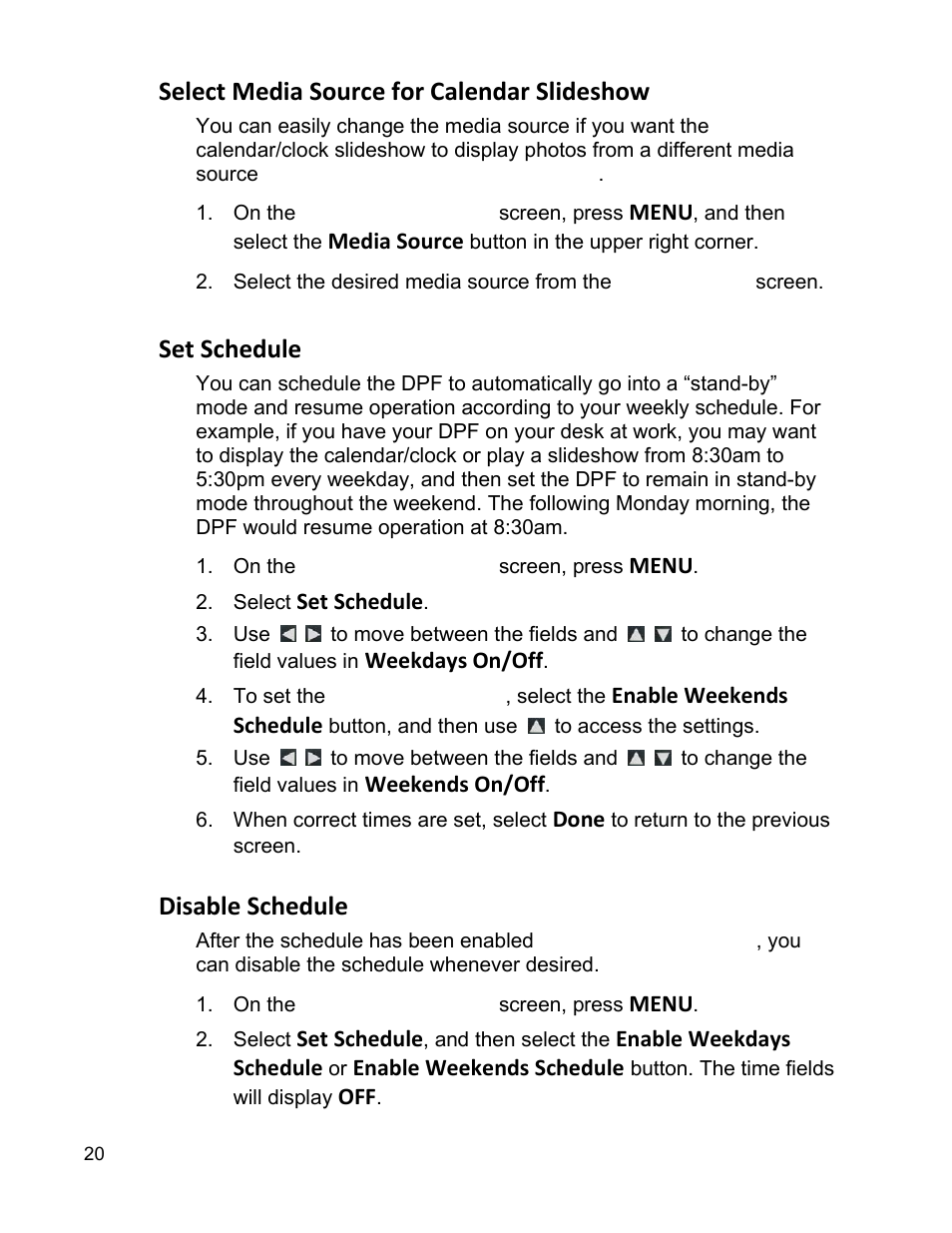 Select media source for calendar slideshow, Set schedule, Disable schedule | Pandigital PI9001DW User Manual | Page 20 / 30