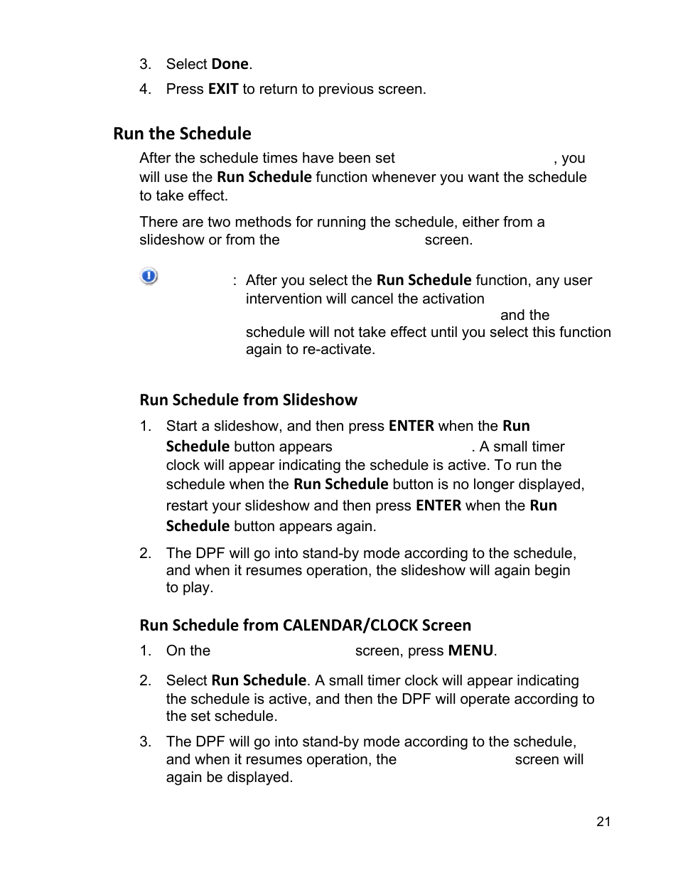 Run the schedule | Pandigital PI9001DW User Manual | Page 21 / 30