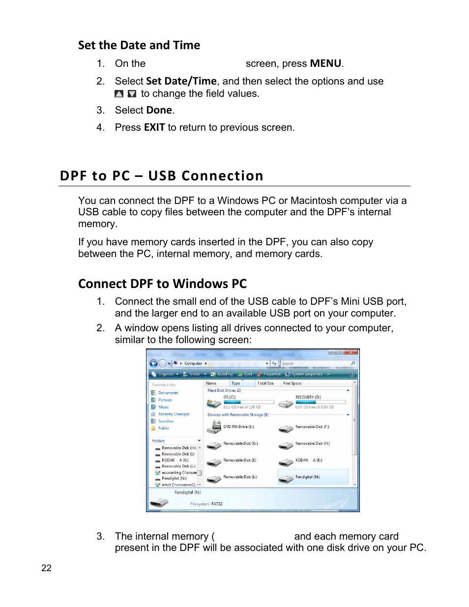 Dpf to pc – usb connection, Connect dpf to windows pc, Set the date and time | Pandigital PI9001DW User Manual | Page 22 / 30